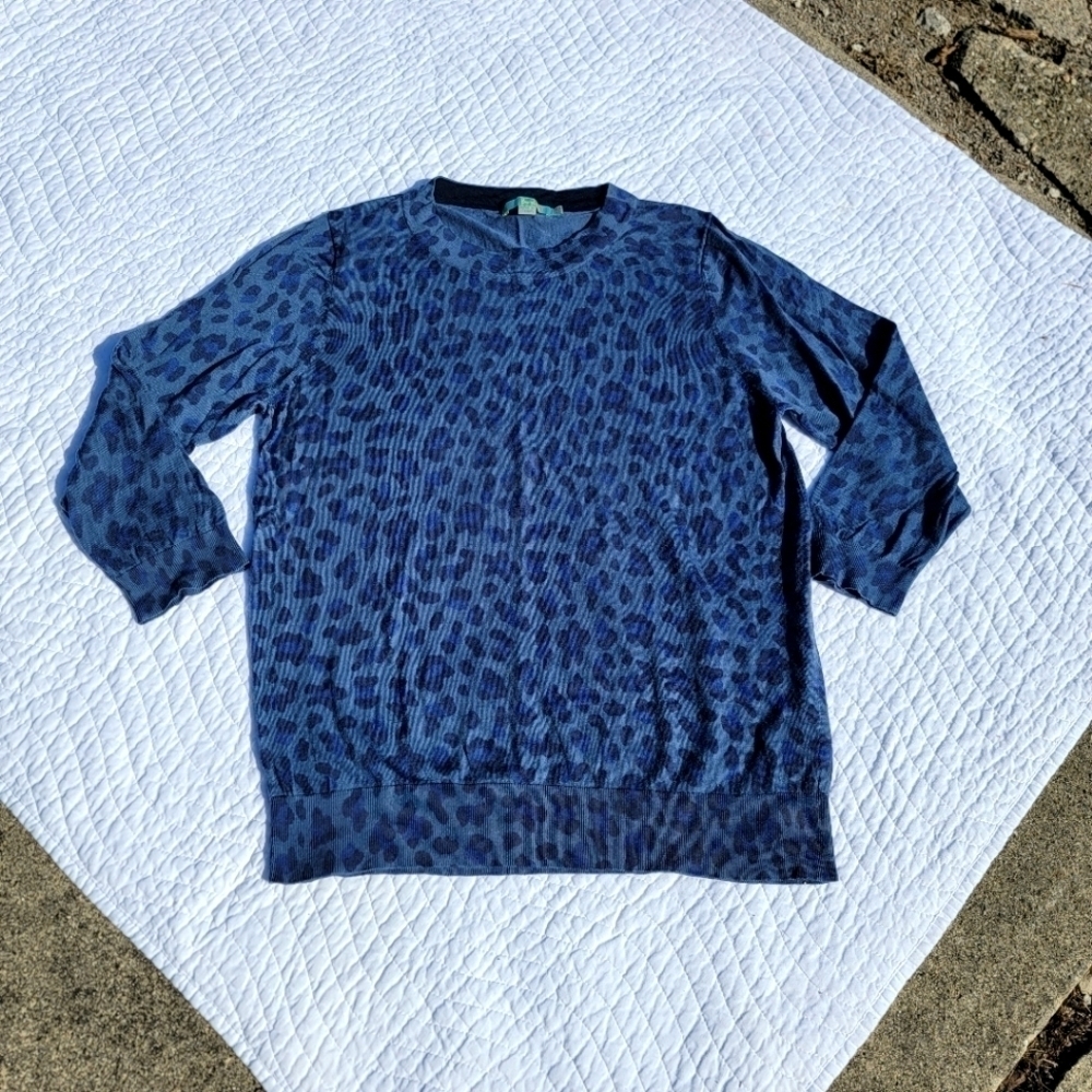 Boden Cheetah Print 100% Wool Crew Neck Sweater size 16 Blue